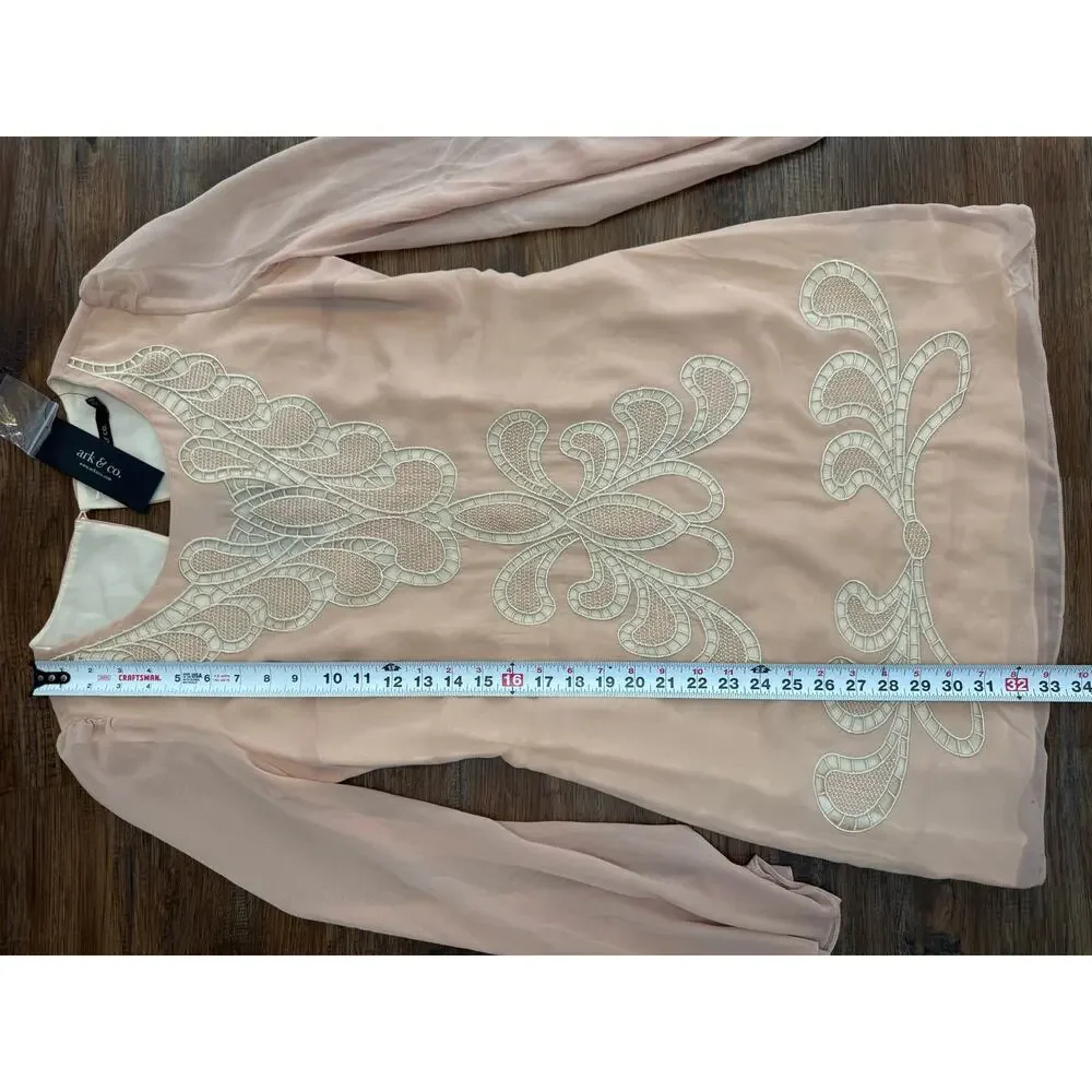Ark & Co. Anthropologie peach blush embroidered dress tunic sheer bell sleeve - Picture 3 of 15
